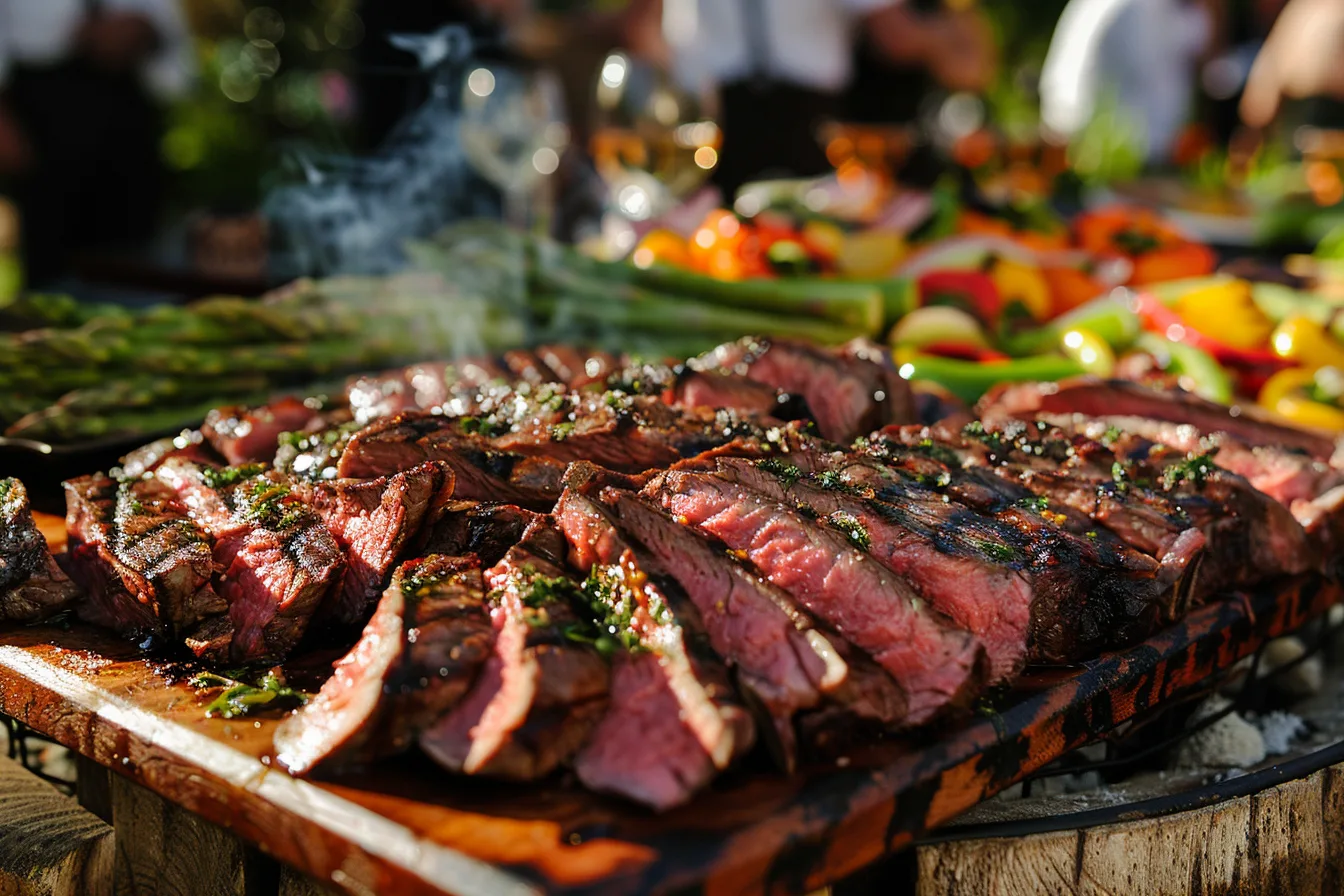 A lively backyard barbecue scene with beef chuck eye steaks sizzling on a grill, surrounded by glowing embers and gentle smoke. On a nearby picnic table, a platter displays the freshly sliced steaks topped with herb butter, alongside side dishes like grilled vegetables and bread rolls, capturing the festive and communal spirit of outdoor grilling.