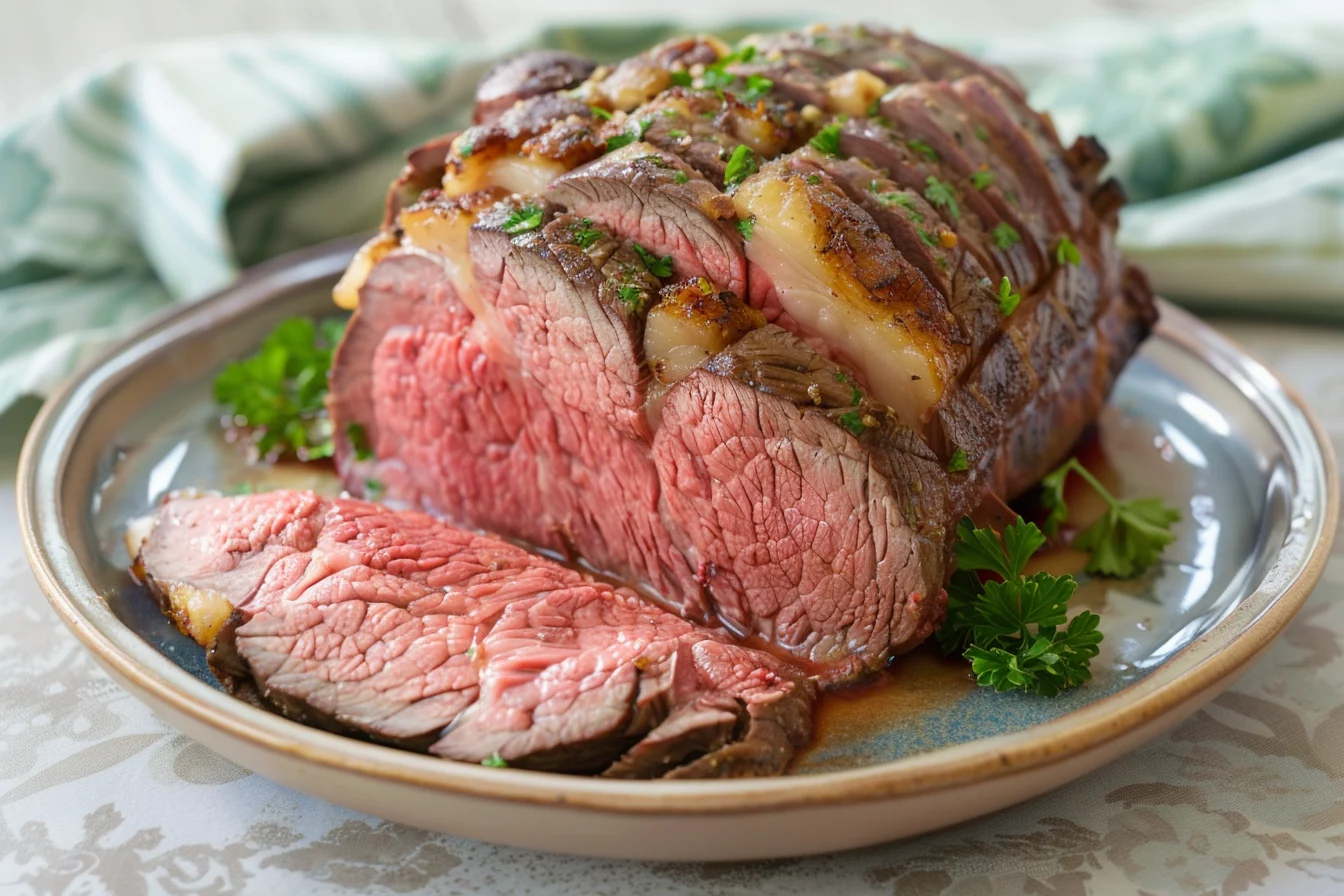 A cooked beef chuck eye steak sliced thinly on a ceramic plate, showcasing its tender, juicy texture with a golden-brown crust and marbled interior.