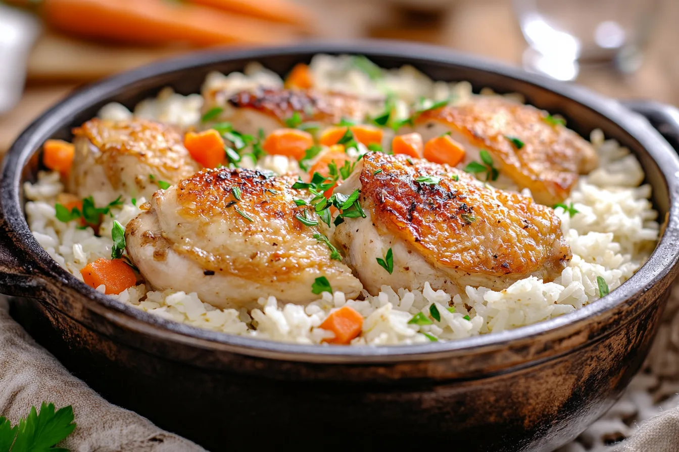 A rustic one-pot chicken and rice dish featuring golden-brown chicken thighs on top of fluffy white rice, accented with diced carrots and herbs, served in a cast-iron pot on a wooden table with warm, inviting lighting.