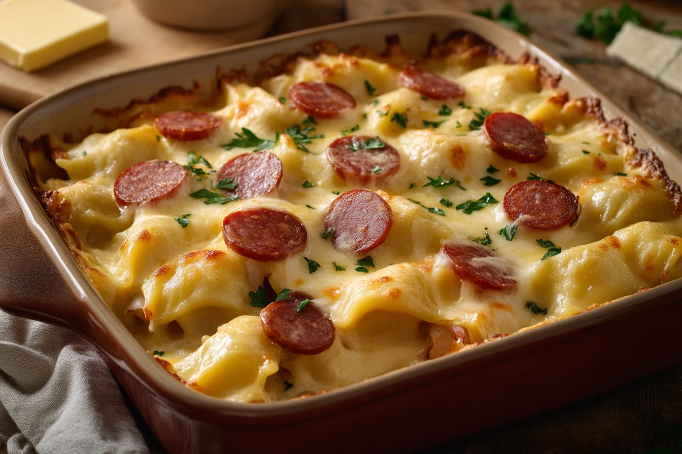 A close-up shot of a serving of pierogi casserole on a rustic white plate, showcasing layers of creamy potato pierogies, perfectly browned kielbasa slices, caramelized onions, and gooey melted cheese. The plate is garnished with fresh parsley and sits on a wooden table with a fork nearby.