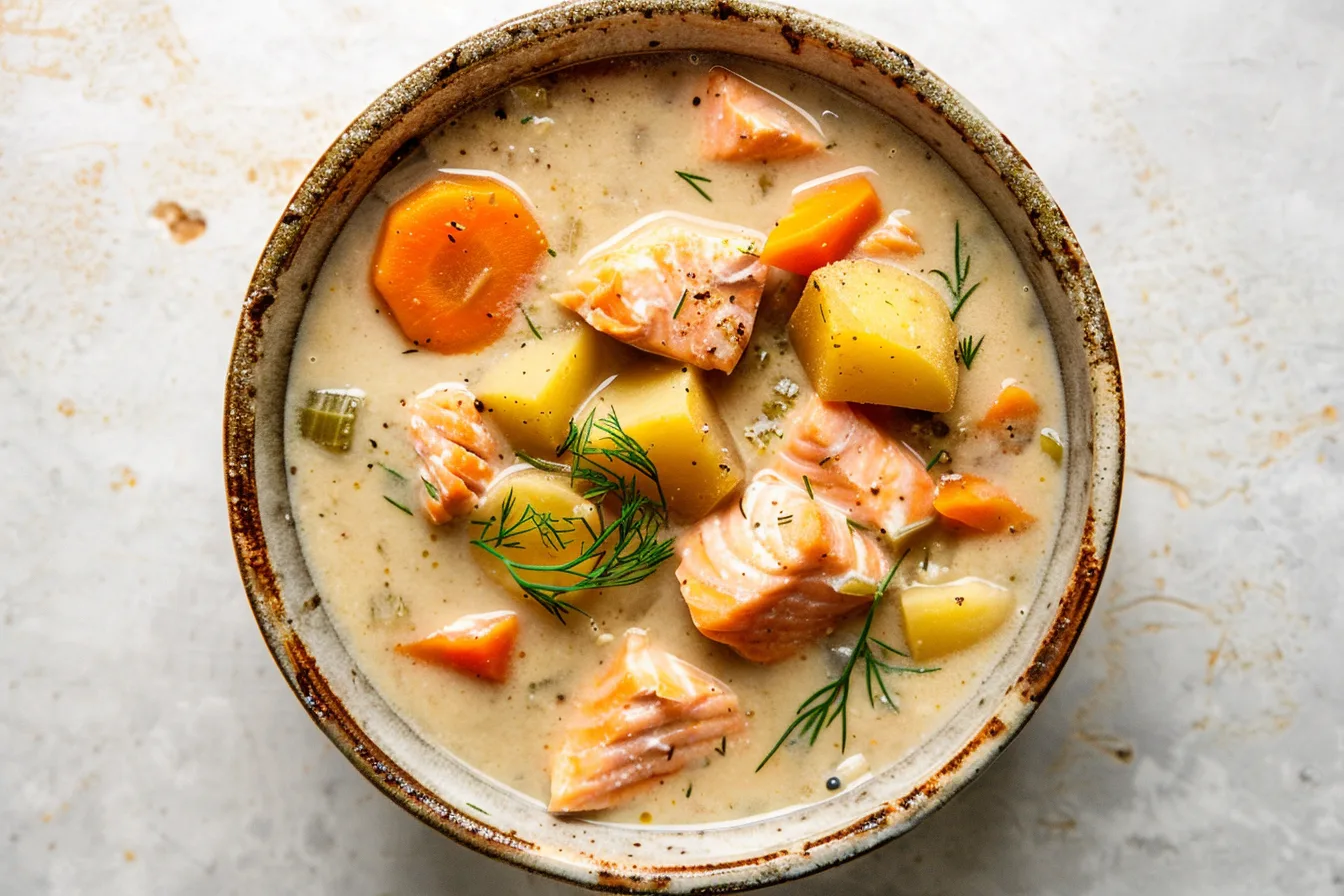 Top-down view of creamy salmon soup with visible chunks of salmon, diced potatoes, carrots, and fresh dill in a rustic bowl on a neutral-colored surface.