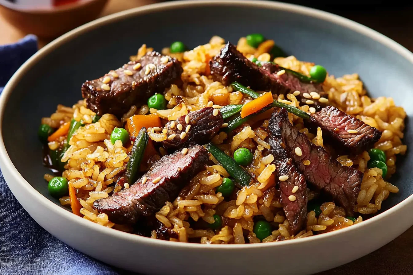 A vibrant plate of steak fried rice featuring tender slices of steak, golden-brown rice, and colorful vegetables like carrots, peas, and green onions, garnished with sesame seeds and a drizzle of chili oil, served in a modern kitchen setting.