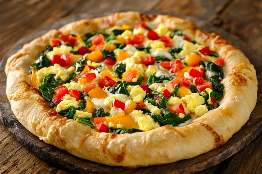 Breakfast pizza with crescent rolls, scrambled eggs, cheese, bell peppers, and spinach on a rustic wooden table