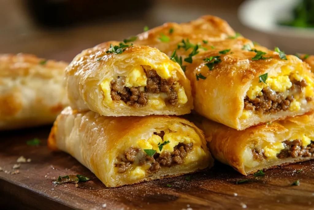 A close-up shot of breakfast pizza rolls served on a white plate, with melted cheese stretching slightly from one roll. A few chopped herbs are sprinkled over the rolls, and the background features a blurred coffee cup and a small bowl of fresh fruit, suggesting a cozy breakfast setting.