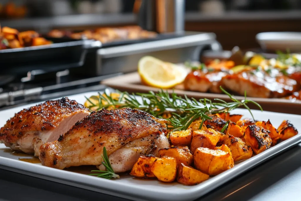 A close-up of a single dish: pan-seared salmon on creamy sweet potato purée, garnished with fresh herbs and lemon, presented on a rustic wooden table.