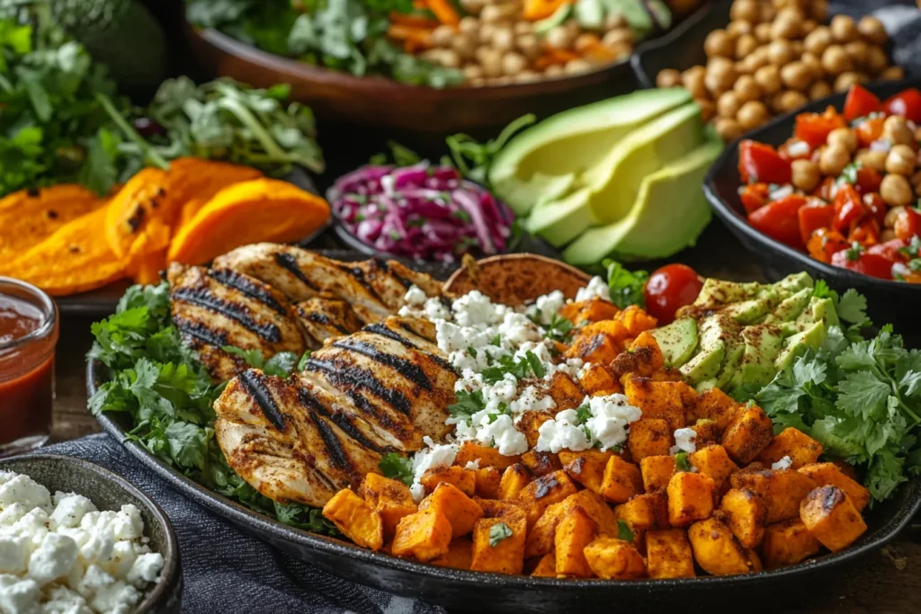A variety of savory and sweet pairings with roasted sweet potatoes, including grilled chicken, chickpeas, feta, cinnamon, maple syrup, and fresh herbs.