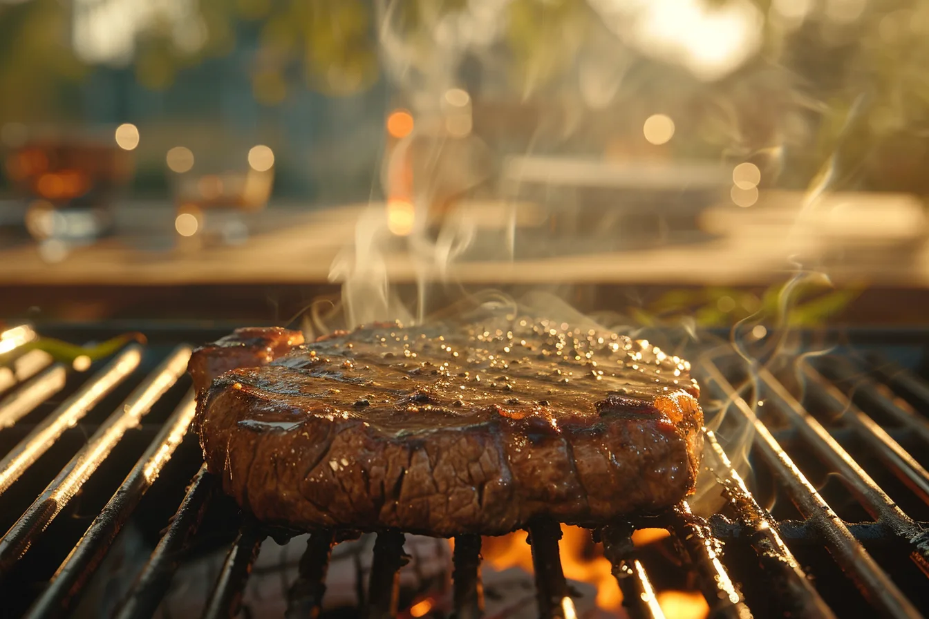 A close-up of the chuck eye steak on the grill, showing the steak in focus with juices searing and grill marks prominently visible. The grill grates and flames are detailed, with bokeh of the backyard visible in the background.