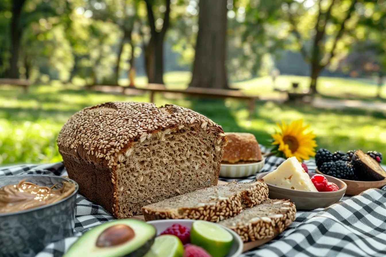 A close-up of a hand slicing wheat berry bread at a picnic, with the loaf on a wooden cutting board, surrounded by picnic essentials like a basket, fresh fruit, and spreads.