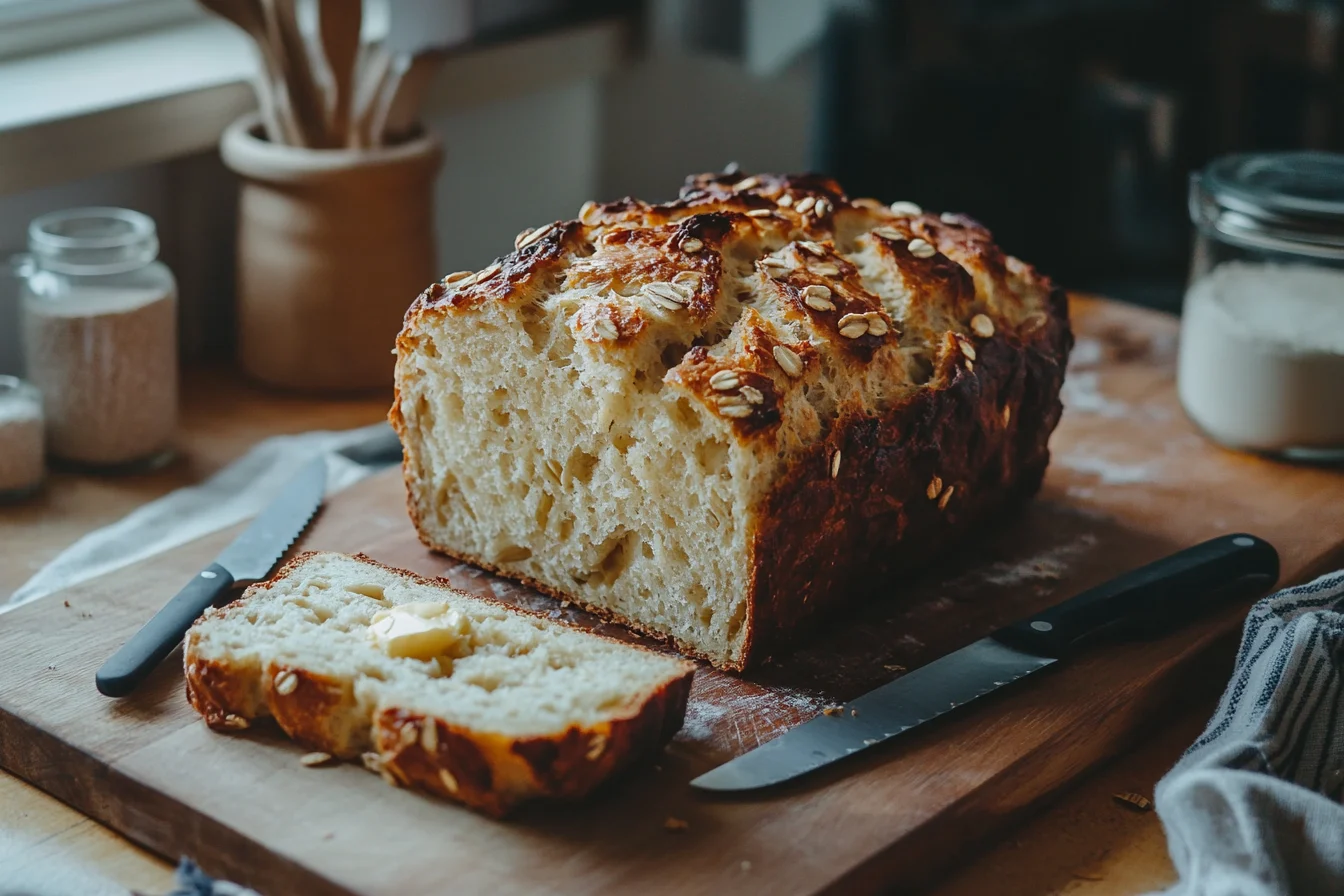 A loaf of wheat berry bread sliced on a wooden board, with a knife beside it. The focus is on the crumb texture, highlighting the scattered wheat berries inside. The background features a blurred view of a rustic kitchen with soft, natural lighting coming through a window.